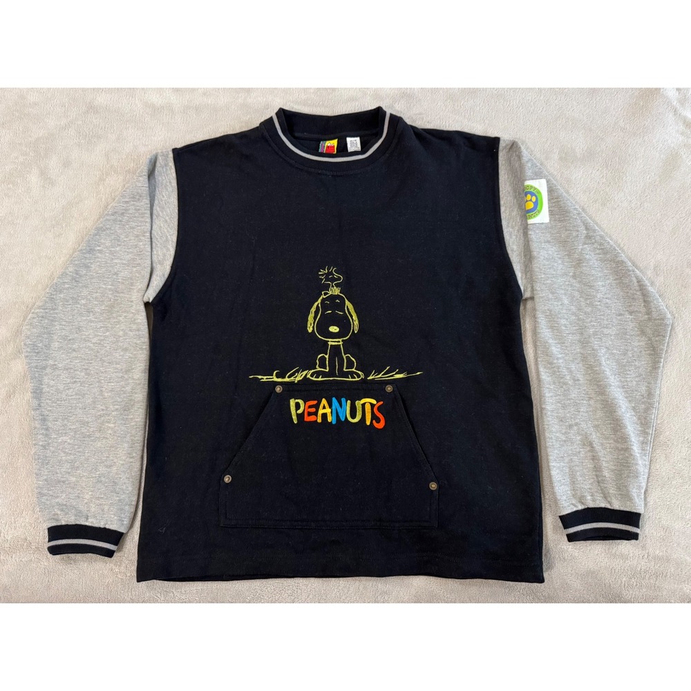 Vintage Peanuts Snoopy Sweatshirt Colorblock Embroidered Pouch Pocket Black M